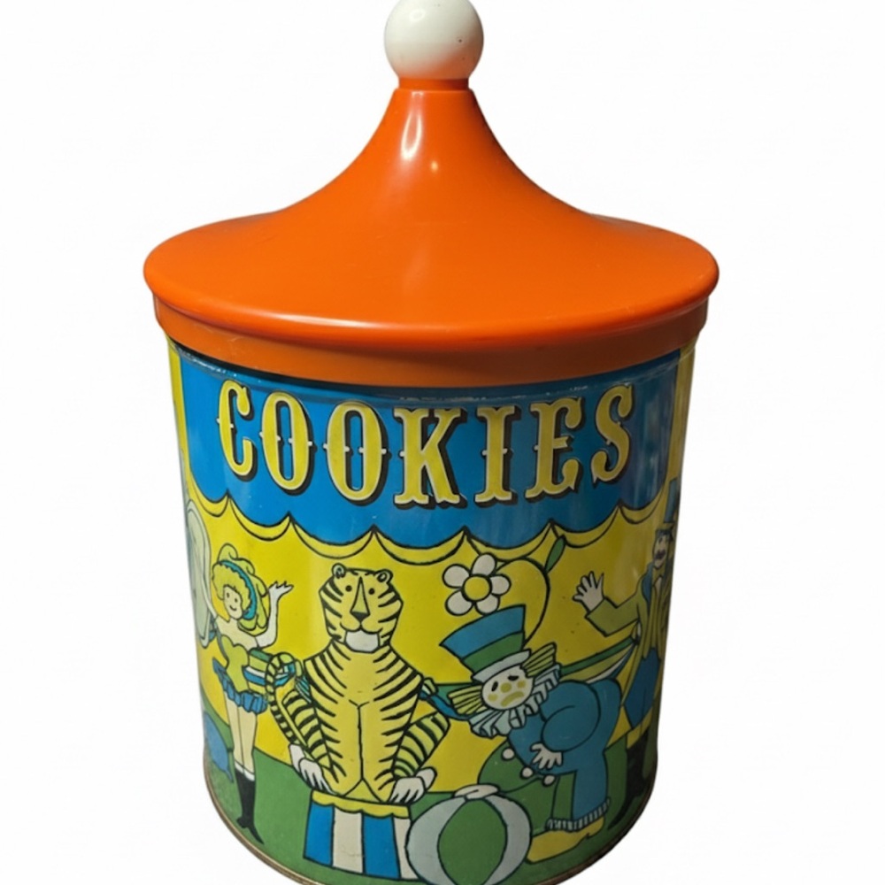 Vintage Ballonoff Circus Cookie Tin Mid Century Retro Orange Canister